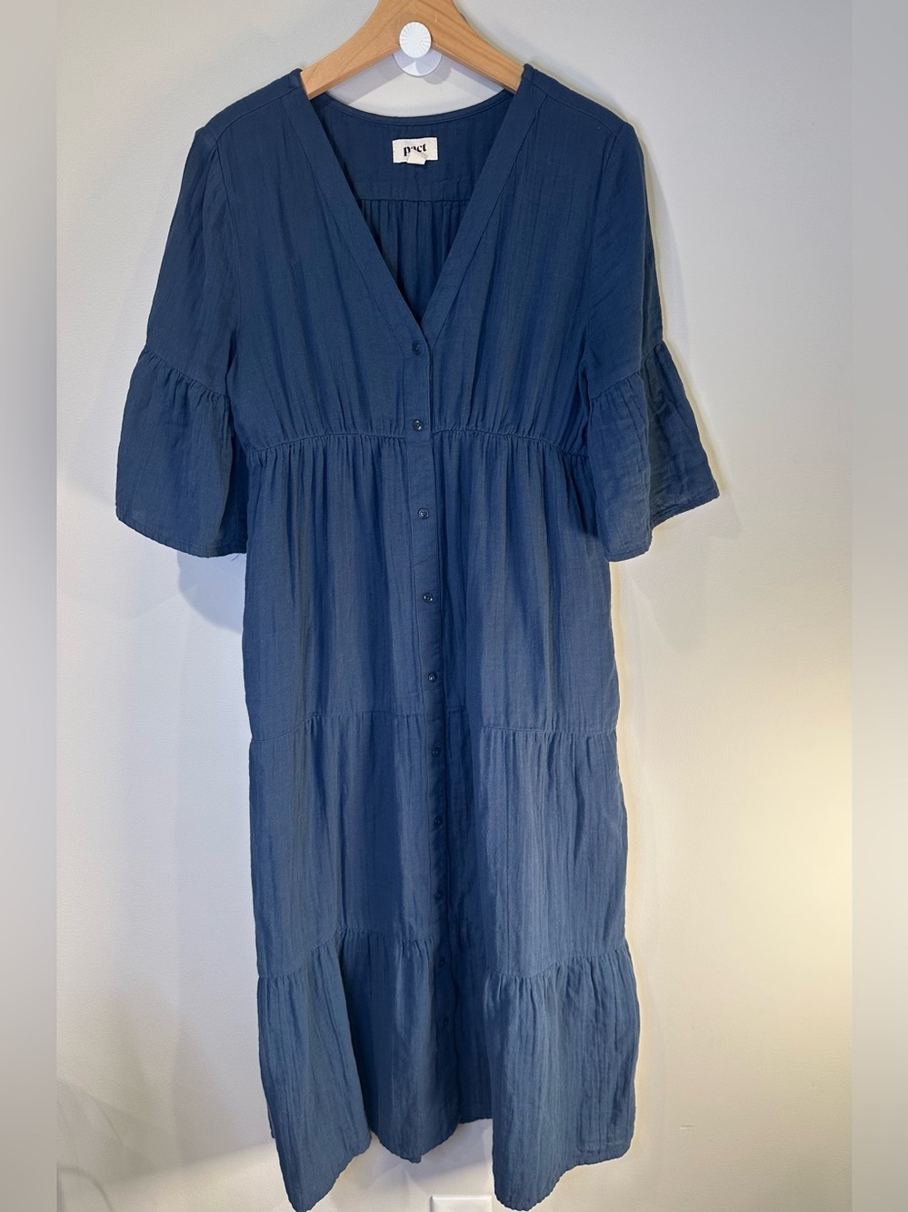 Pact Double Gauze Tiered Midi Dress S Navy 100% Organic Cotton Button Front